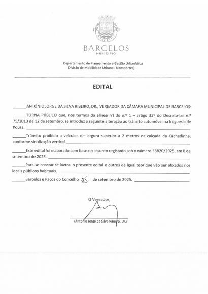 Edital - Colocação de Sinalética Vertical - Calçada da Cachadinha