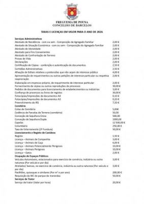 Taxas a Praticar no ano de 2026