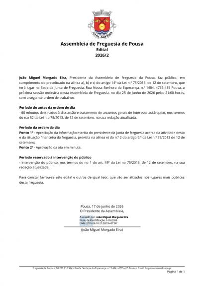 Assembleia de freguesia da Pousa - 25 Junho 2026