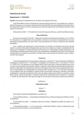 Regulamento n.&ordm; 835/2026 - Aprova&ccedil;&atilde;o do Regulamento do Cemit&eacute;rio da Freguesia de Pousa.