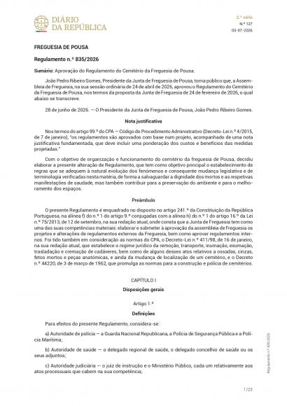 Regulamento n.&ordm; 835/2026 - Aprova&ccedil;&atilde;o do Regulamento do Cemit&eacute;rio da Freguesia de Pousa.