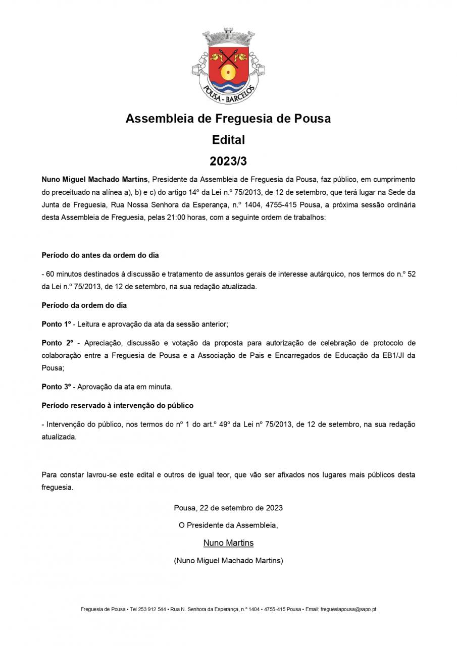 Assembleia de freguesia dia 29/09/2023