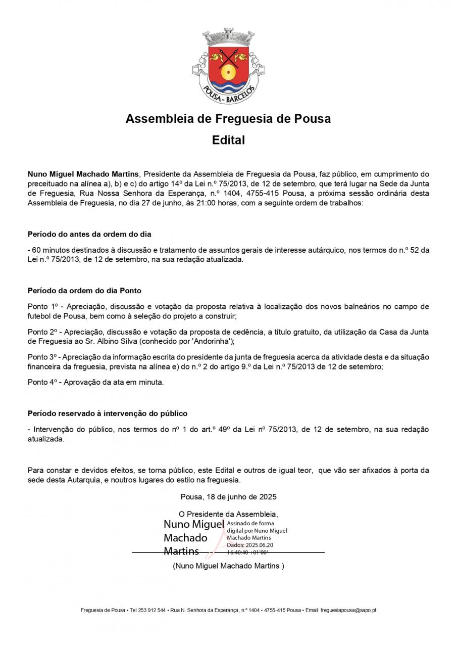 Edital Assembleia de Freguesia - 27 de Junho de 2025